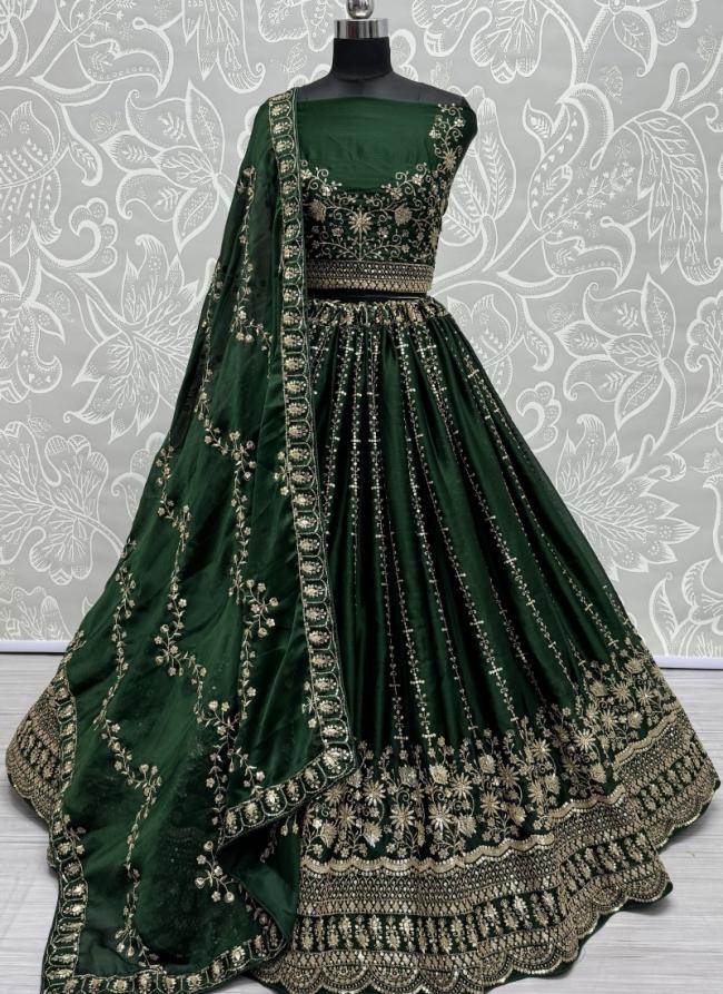 Satin Chiffon Dark Green Wedding Wear Sequinned Lehenga Choli